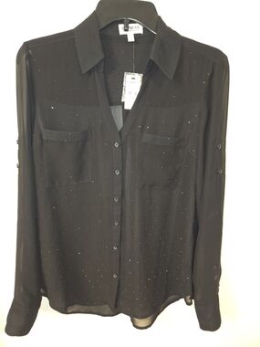 Express Black Sheer Studded Button-Up Blouse